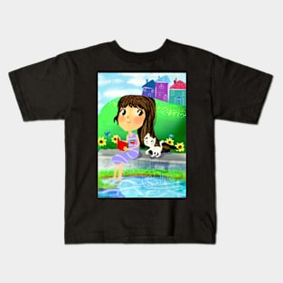 A girl with a kitty reading a book by the river Kids T-Shirt